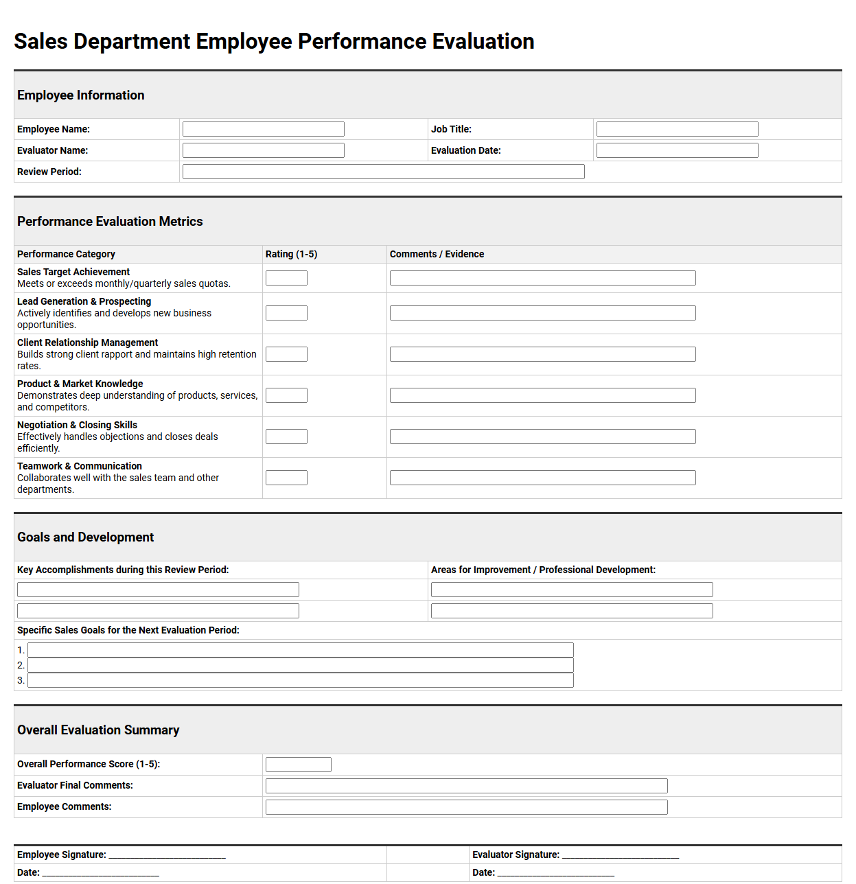 Sales Department Employee Performance Evaluation Template