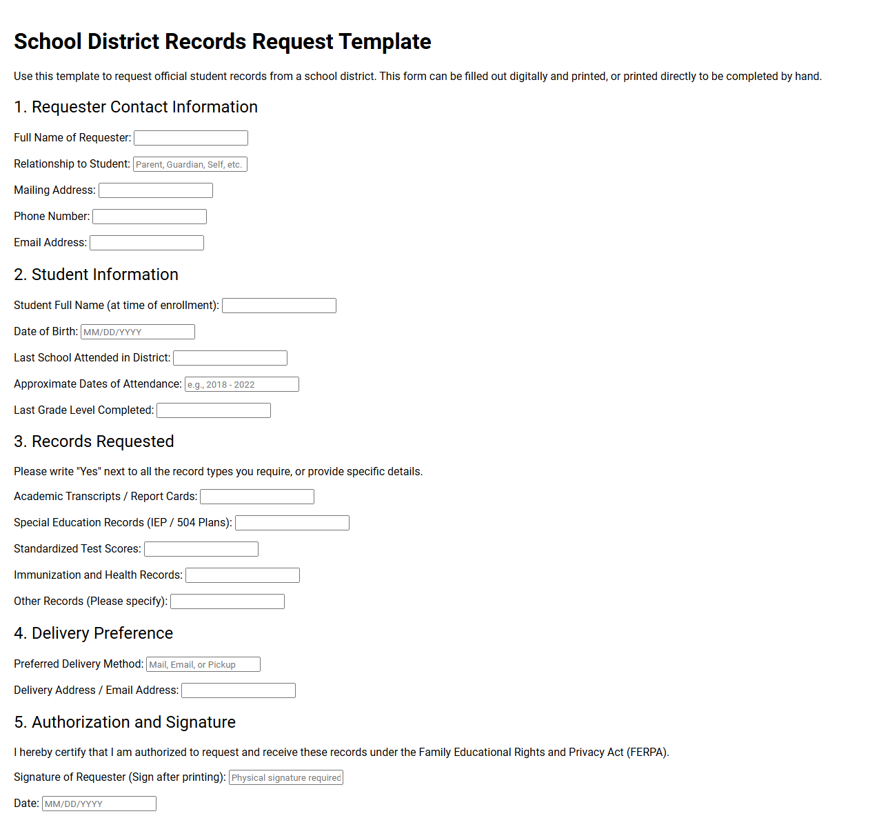 School District Records Request Template