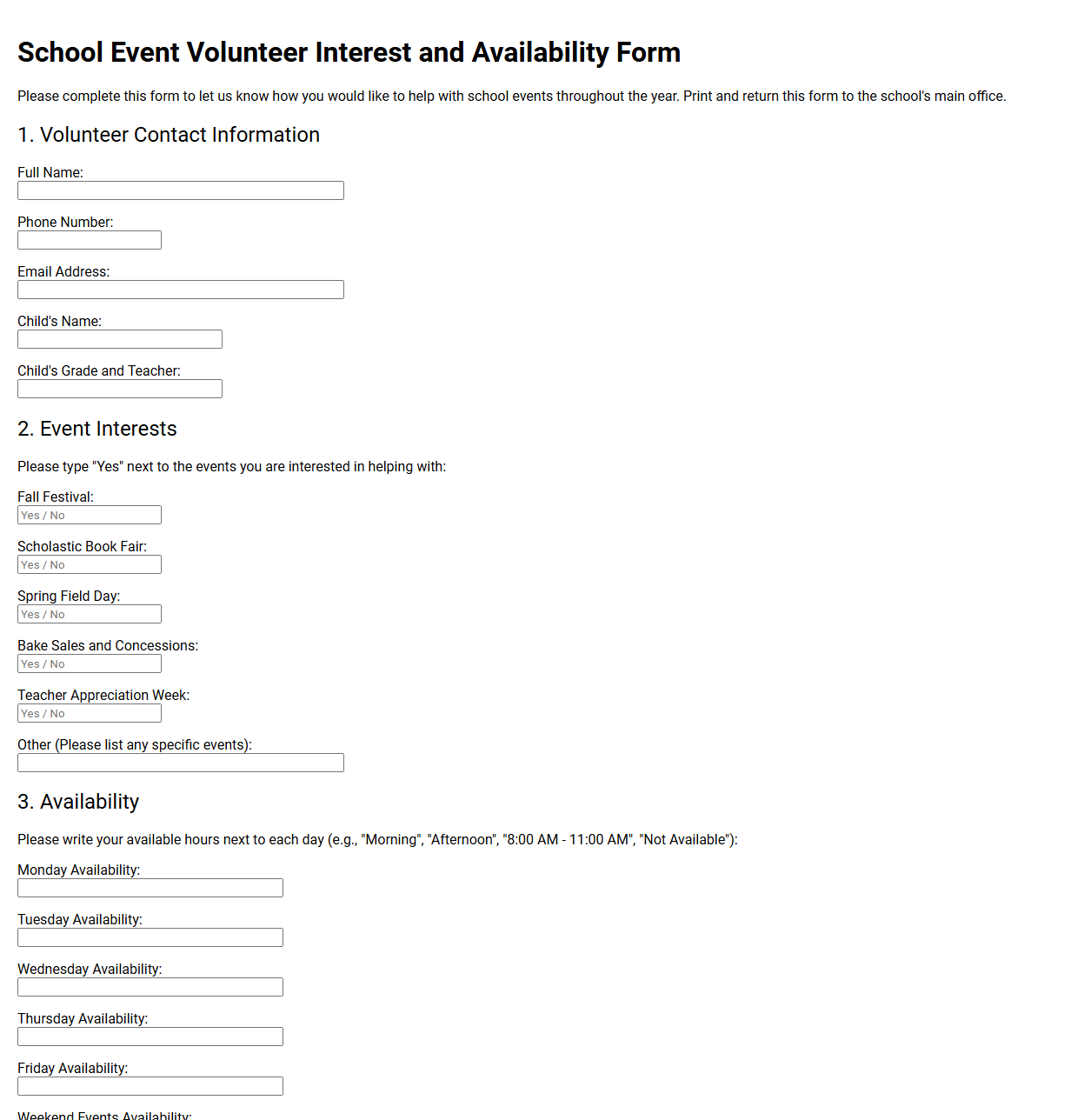 School Event Volunteer Interest and Availability Form