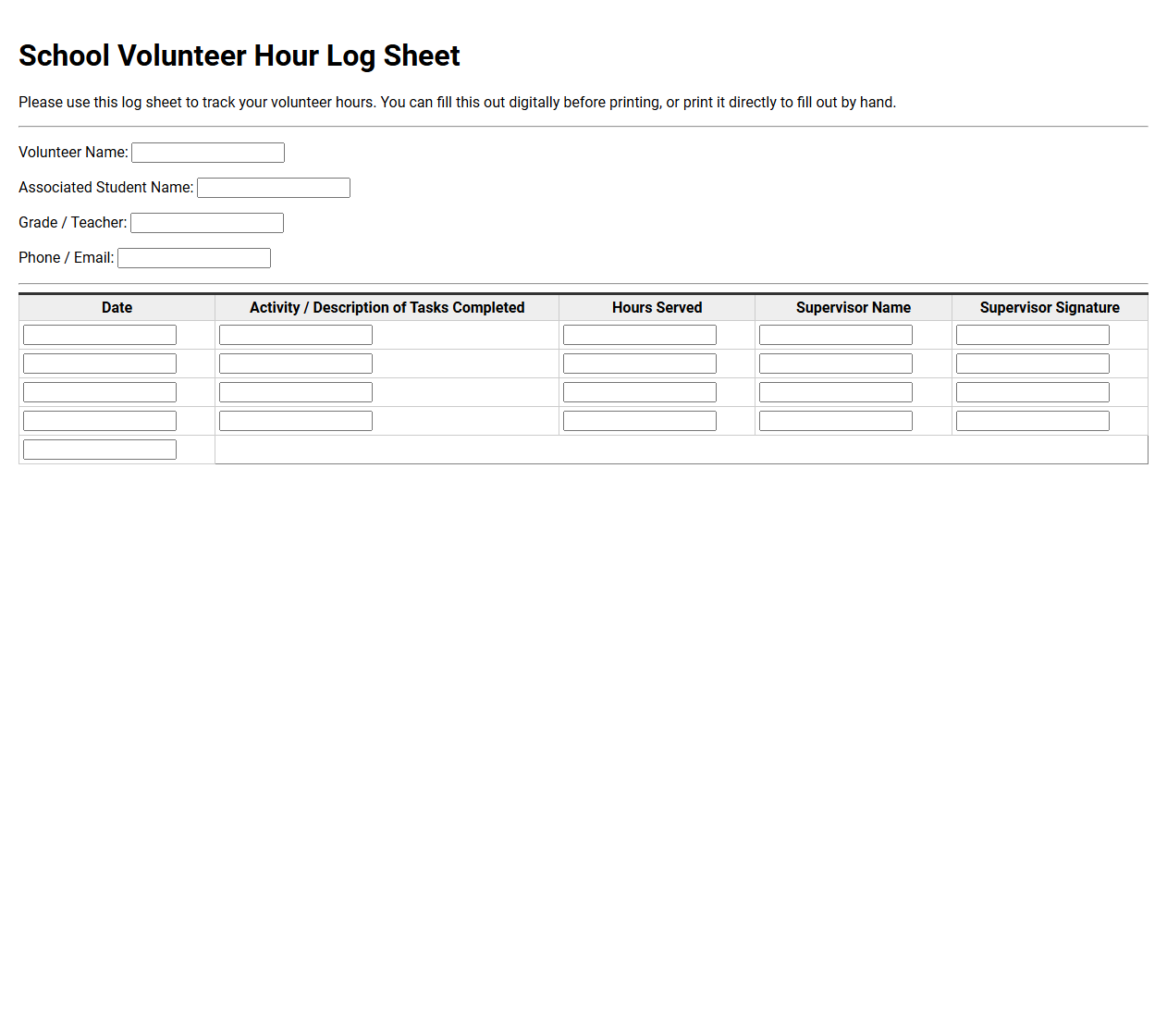 School Volunteer Hour Log Sheet