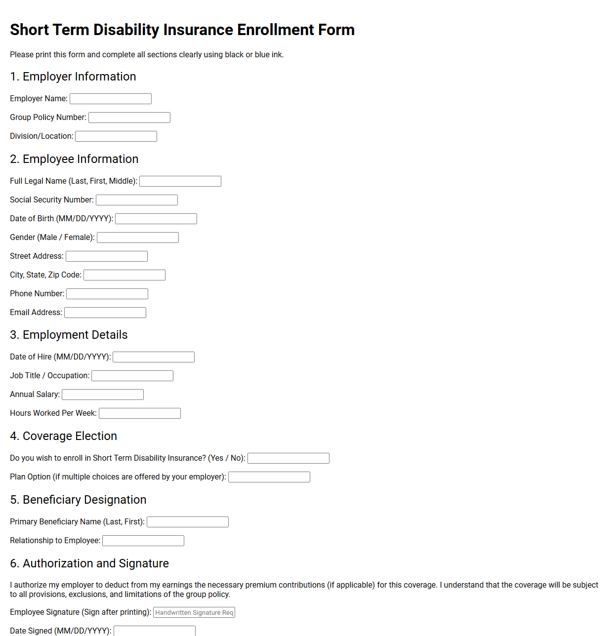 Short Term Disability Insurance Enrollment Form