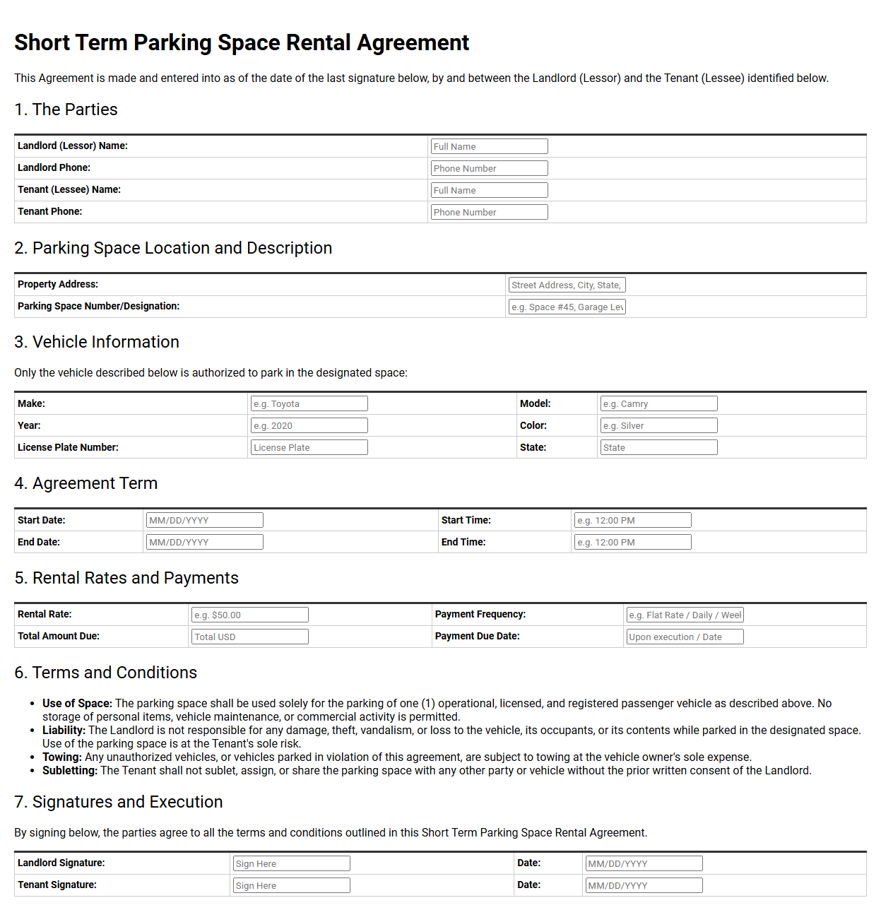 Short Term Parking Space Rental Agreement