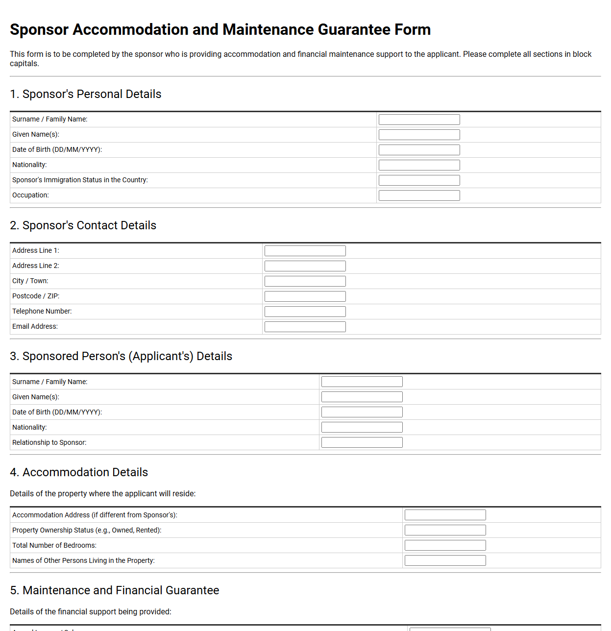 Sponsor Accommodation and Maintenance Guarantee Form