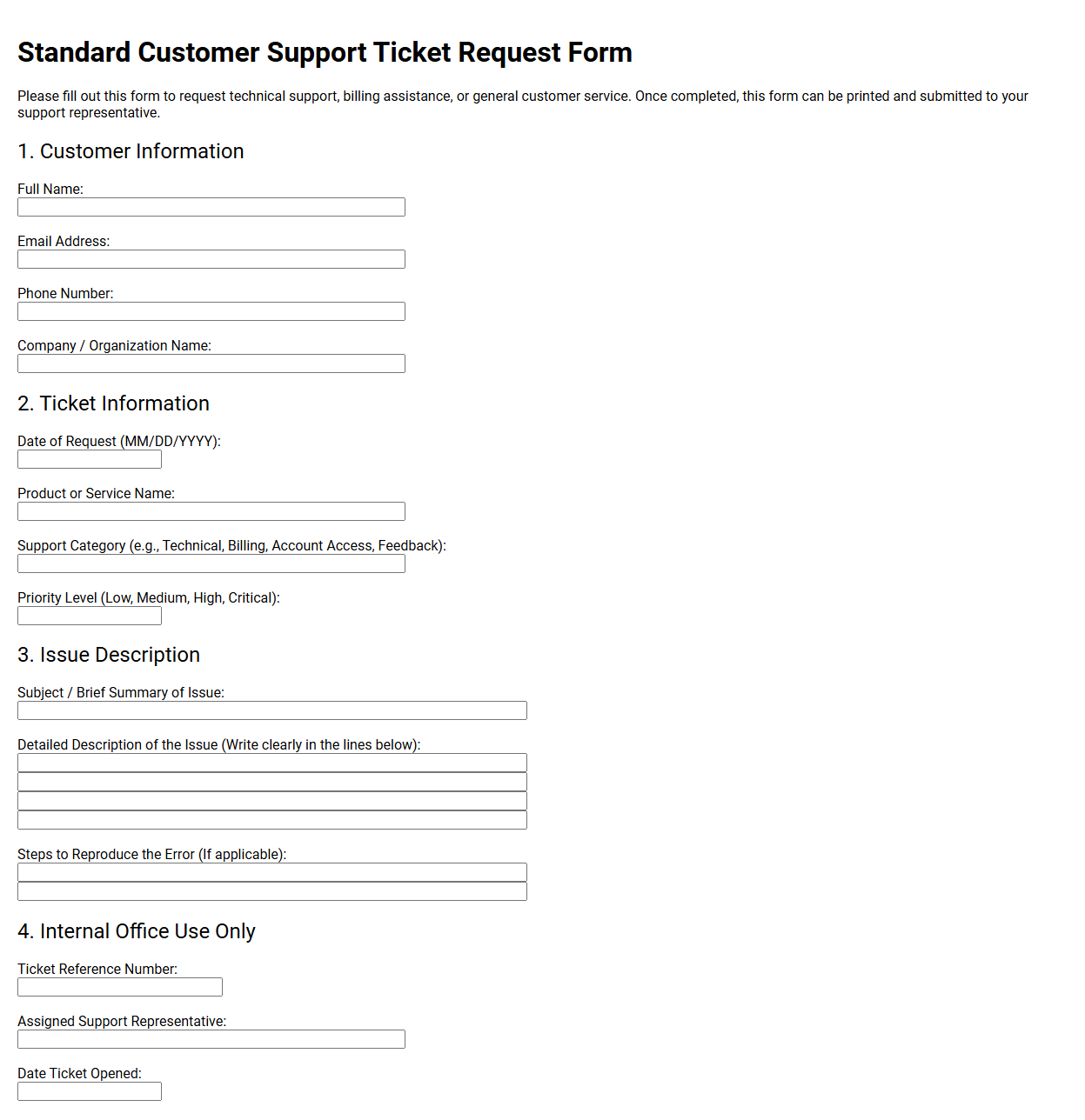 Standard Customer Support Ticket Request Form