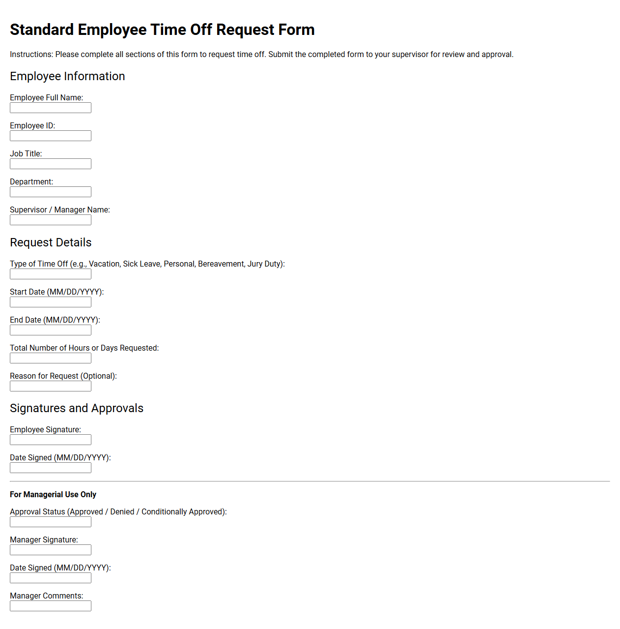 Standard Employee Time Off Request Form Template