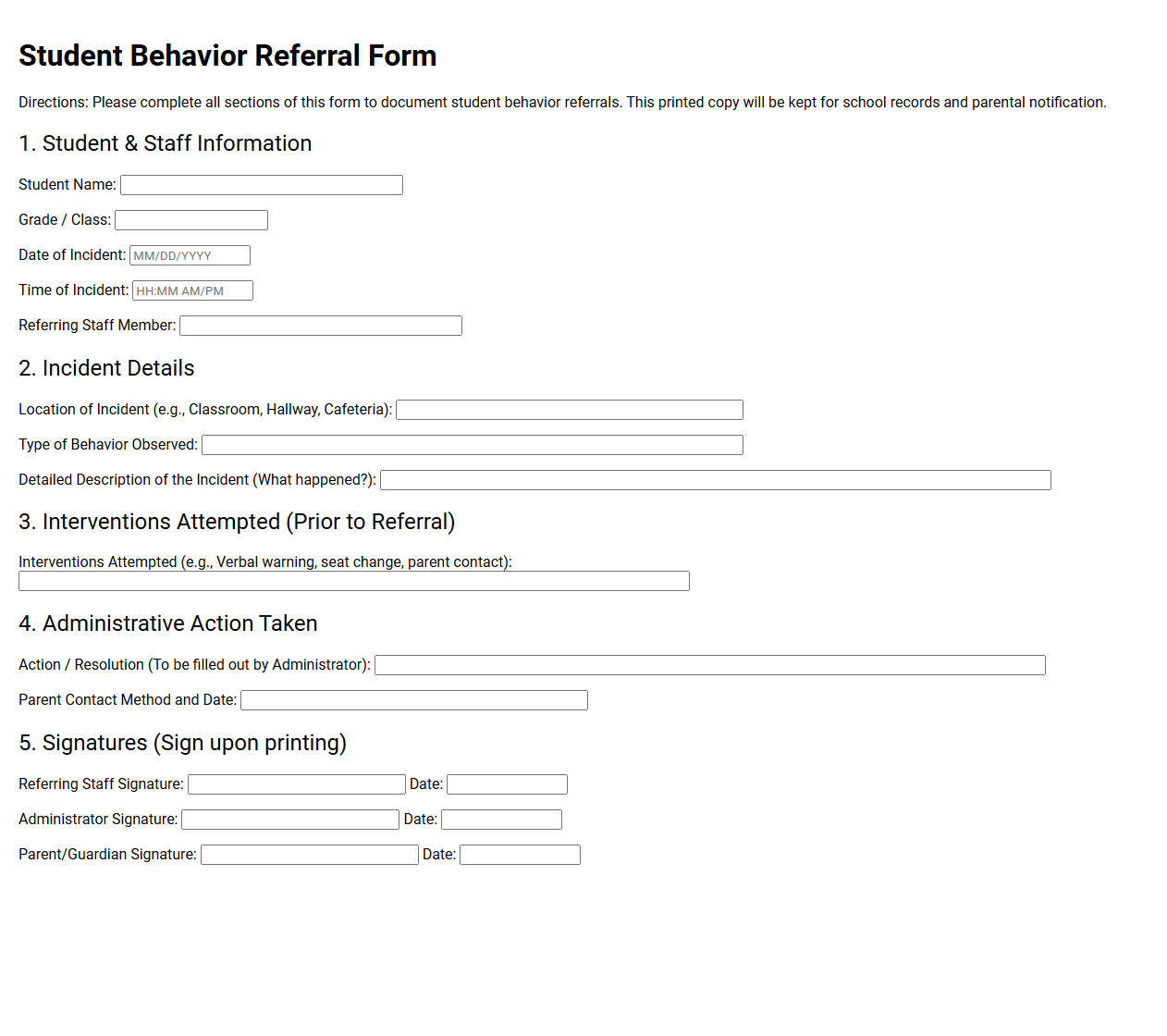 Student Behavior Referral Form Template