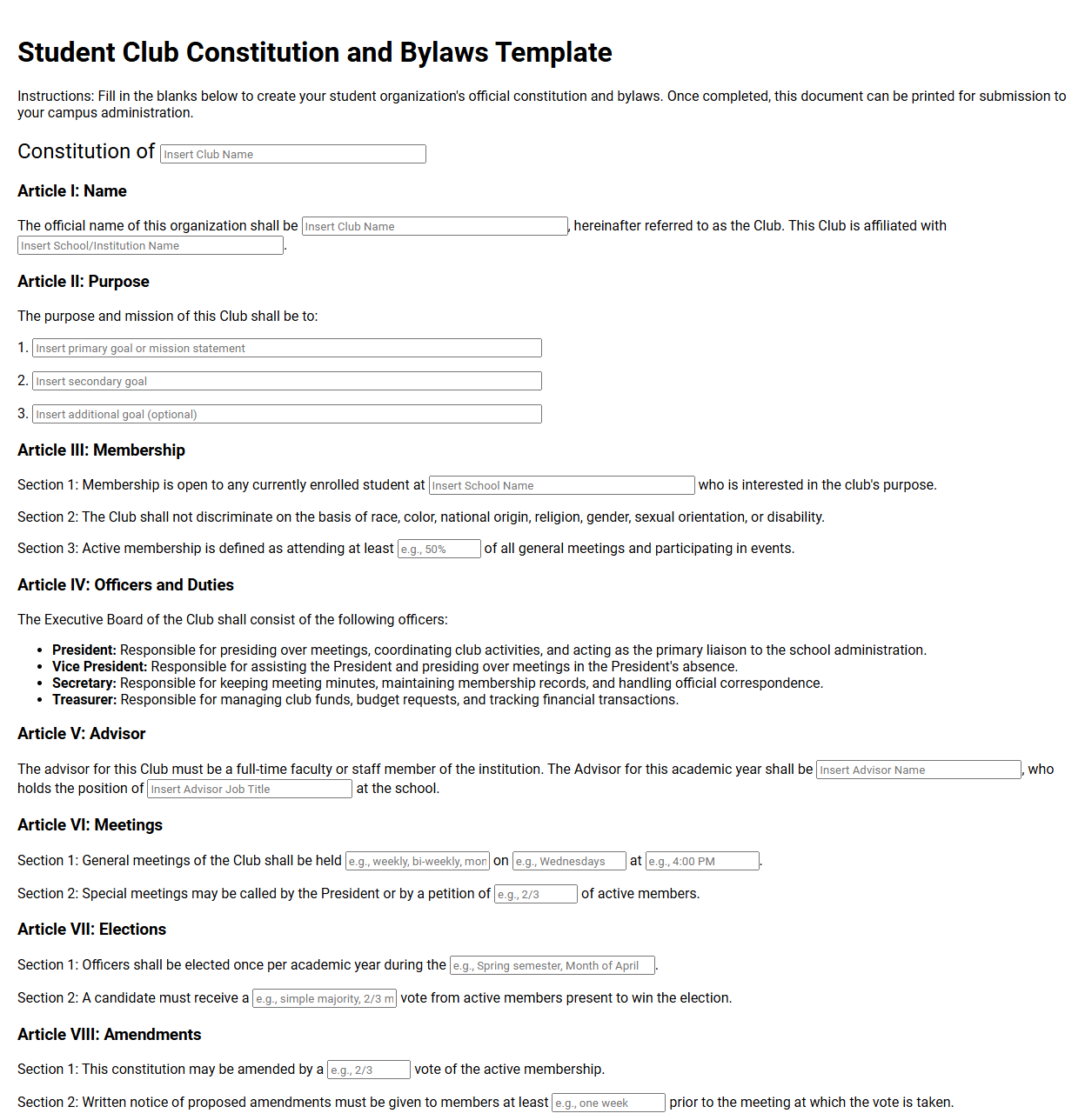 Student Club Constitution and Bylaws Template