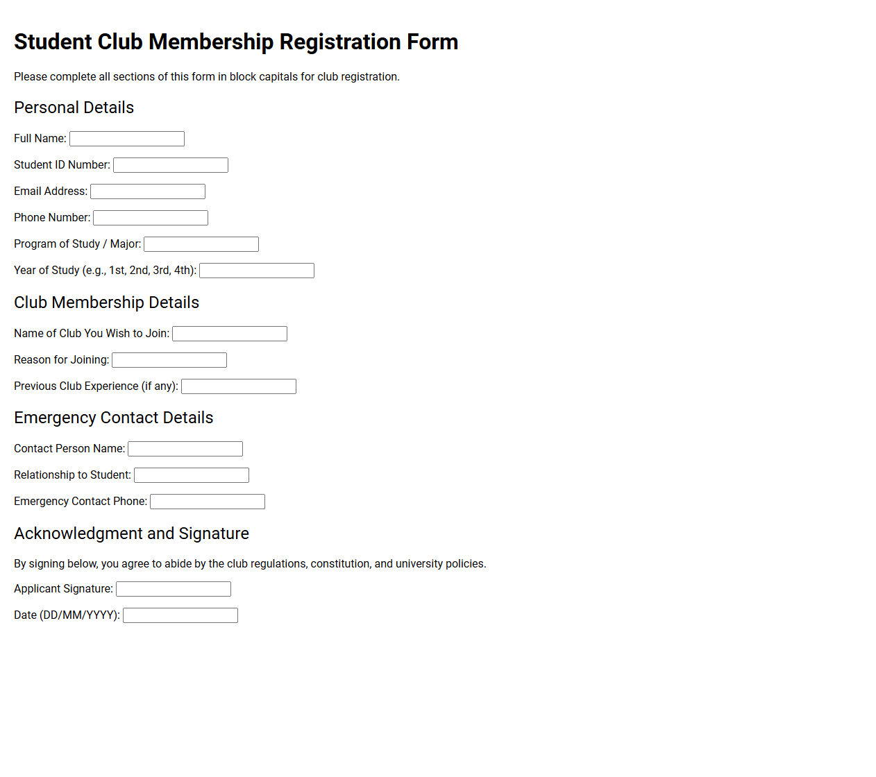 Student Club Membership Registration Form