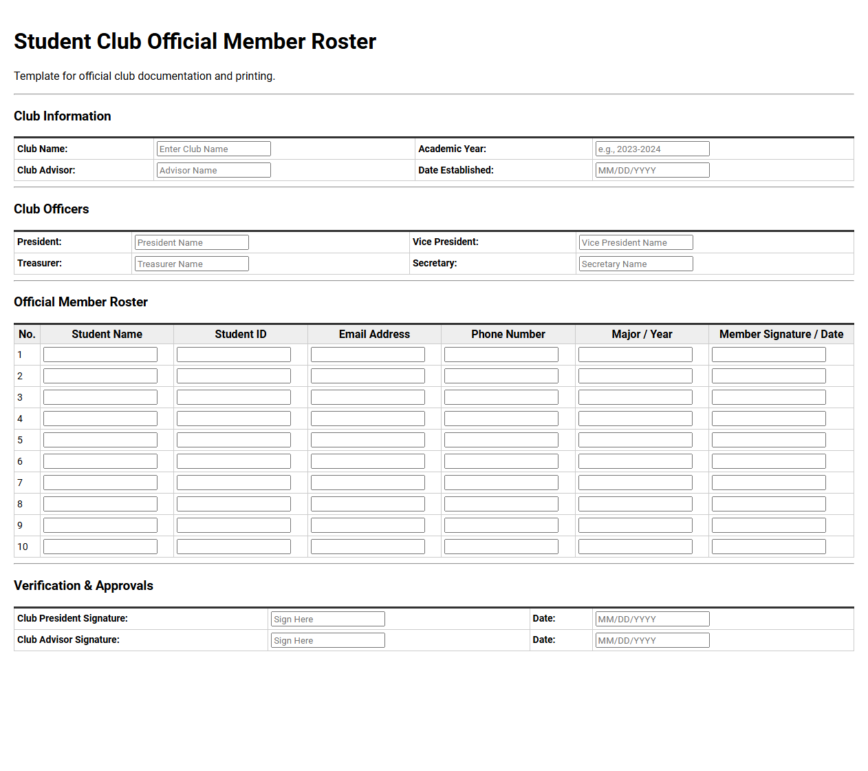 Student Club Official Member Roster Template