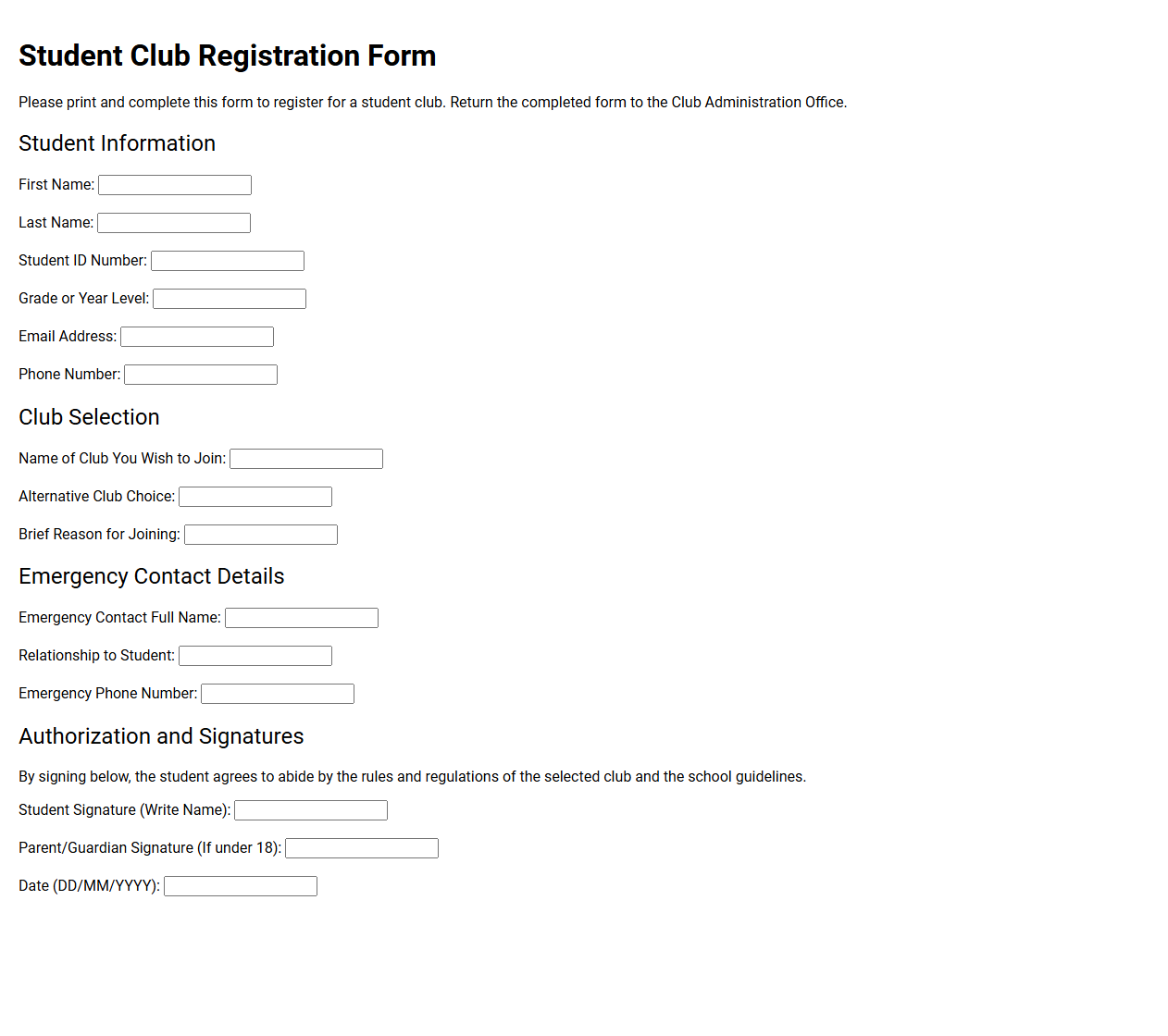 Student Club Registration Form