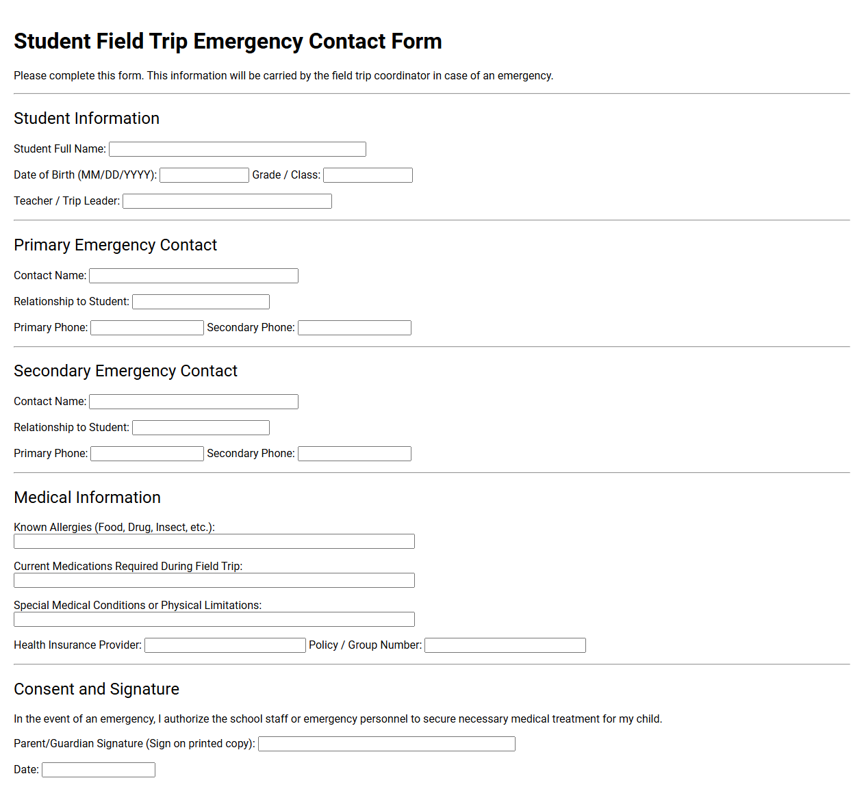 Student Field Trip Emergency Contact Form