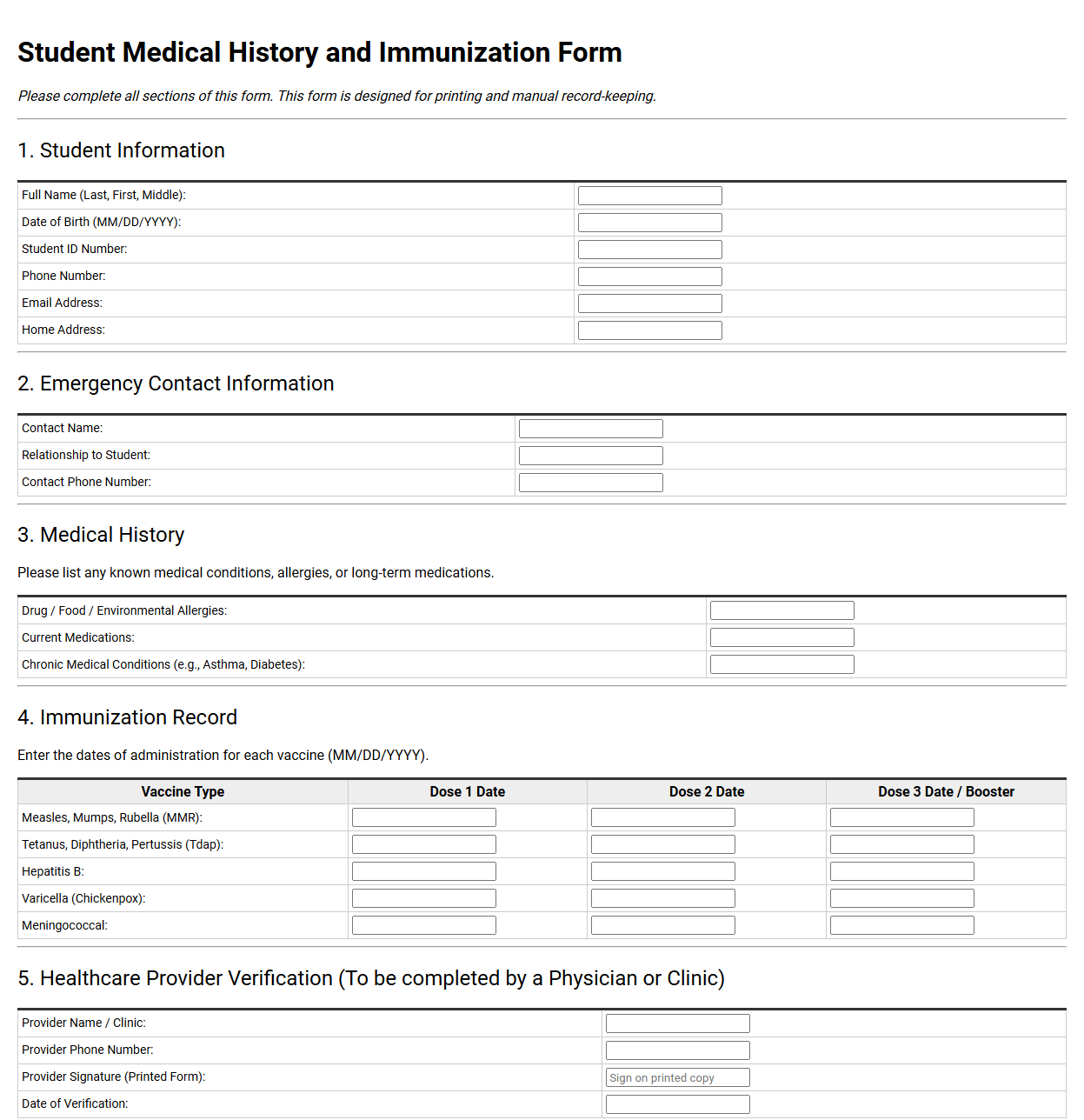 Student Medical History and Immunization Form