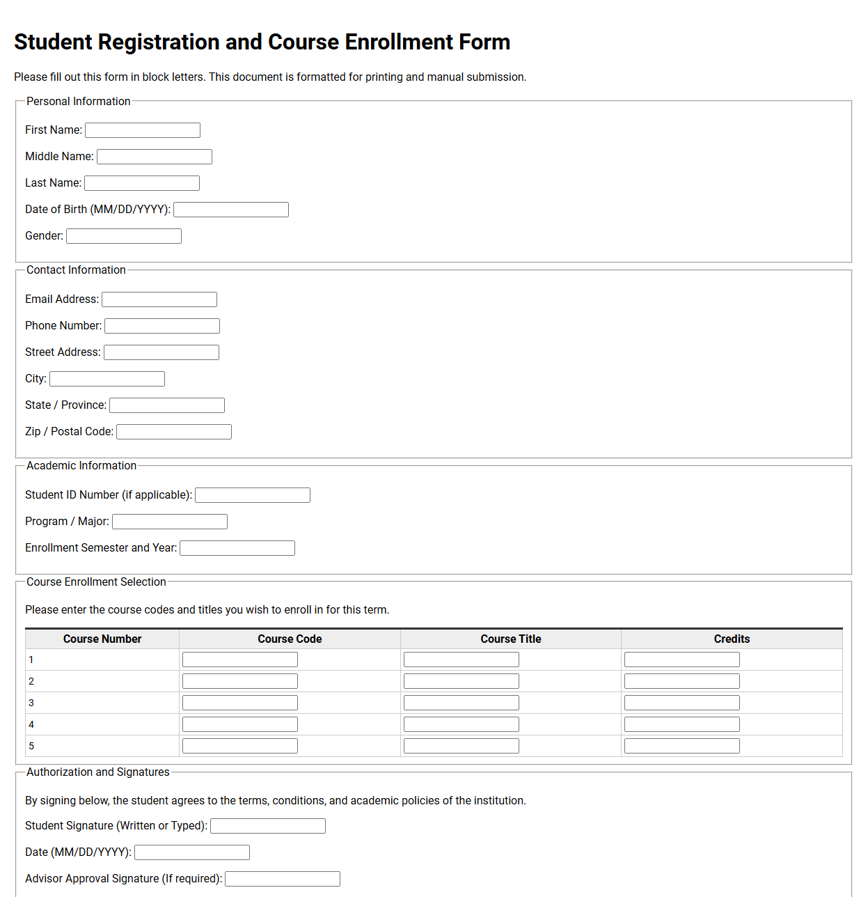 Student Registration and Course Enrollment Form