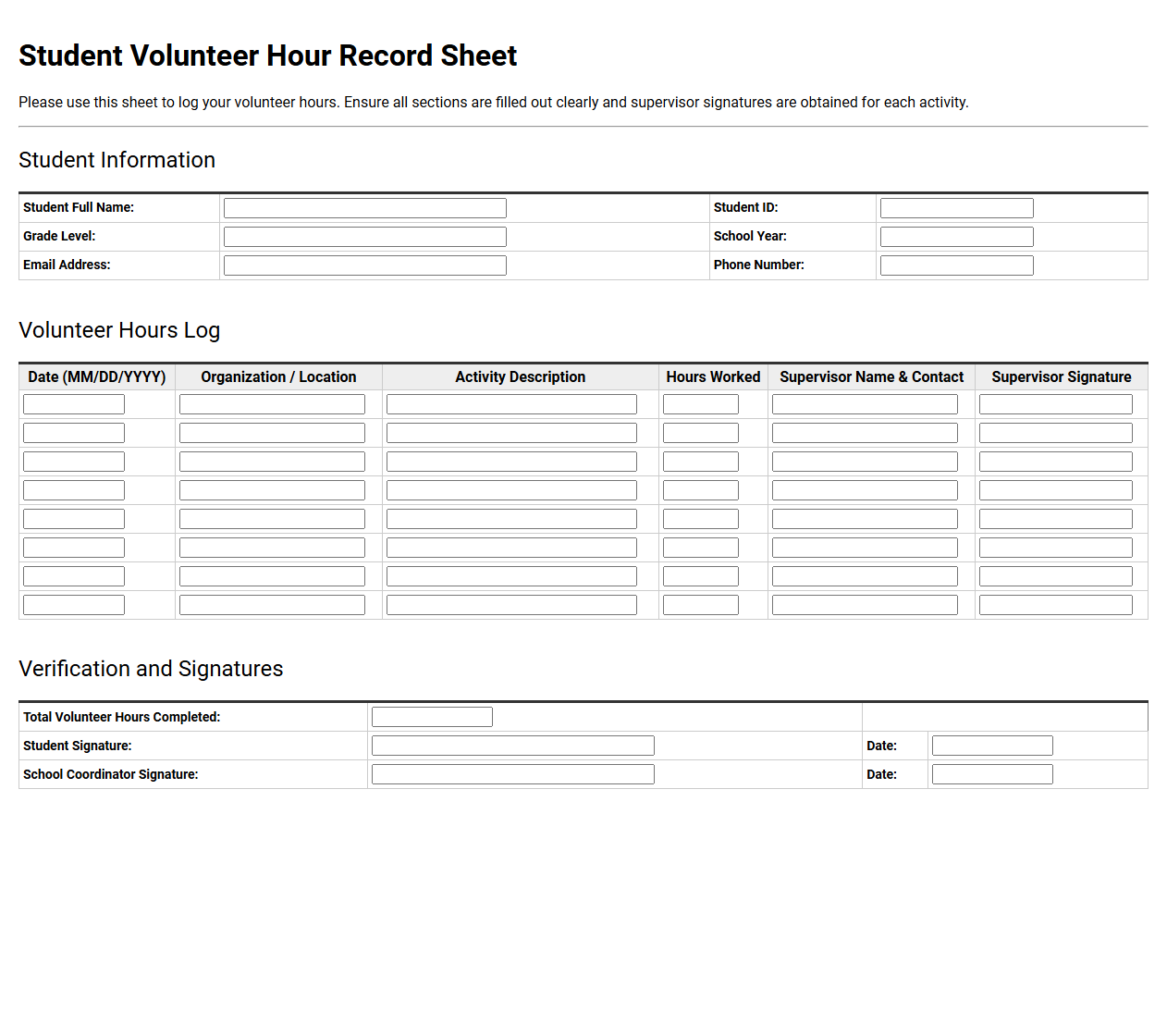 Student Volunteer Hour Record Sheet