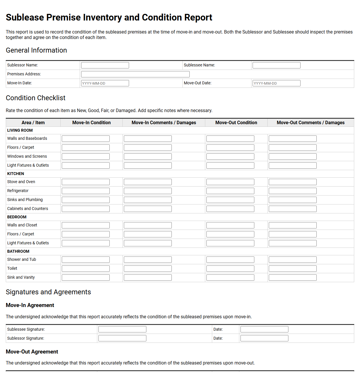 Sublease Premise Inventory and Condition Report