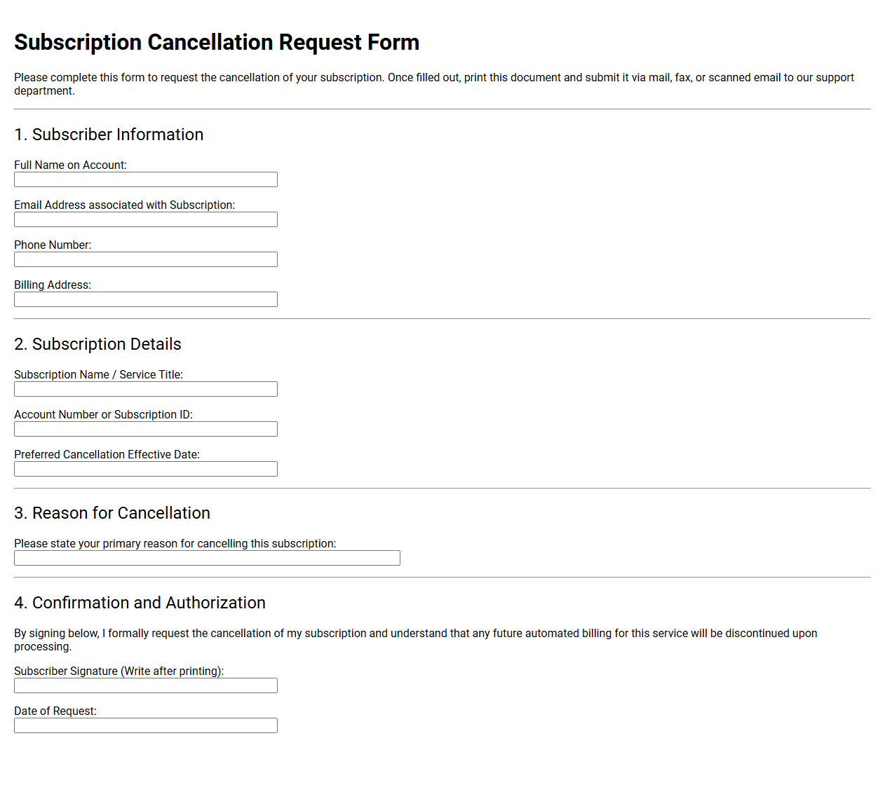 Subscription Cancellation Request Form Template