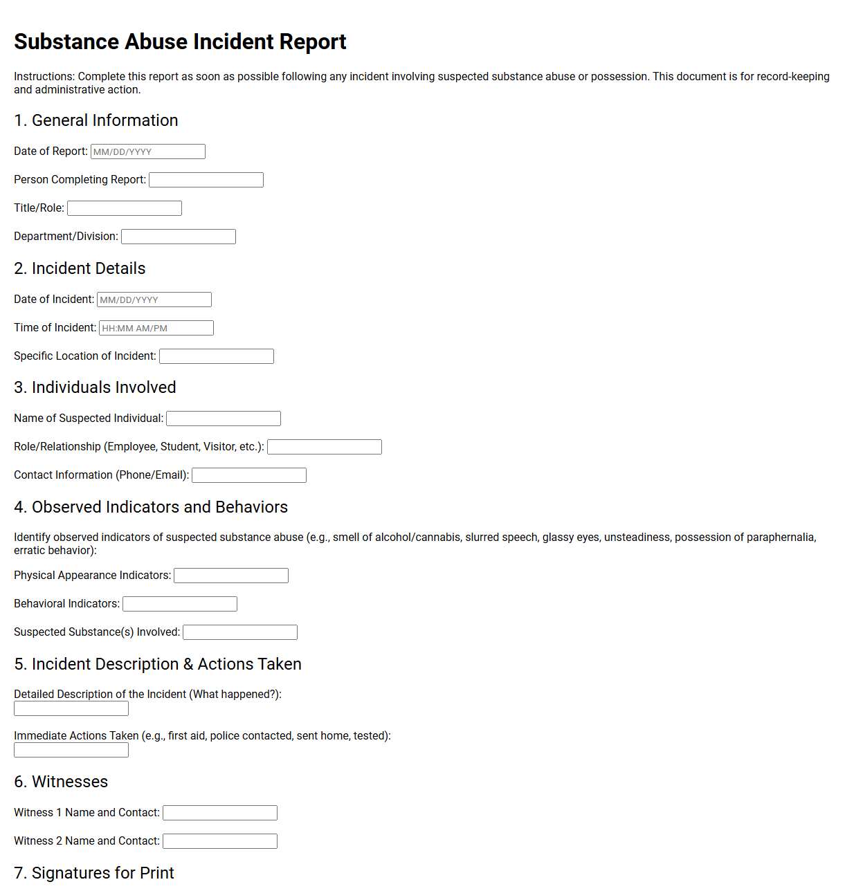 Substance Abuse Incident Report Template