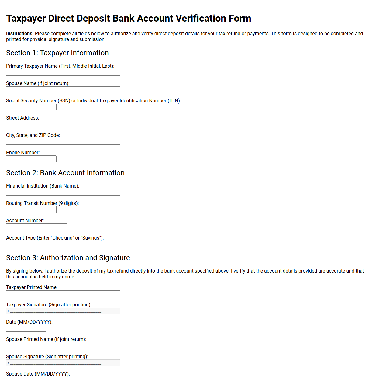 Taxpayer Direct Deposit Bank Account Verification Form