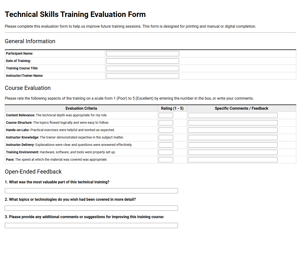Technical Skills Training Evaluation Form