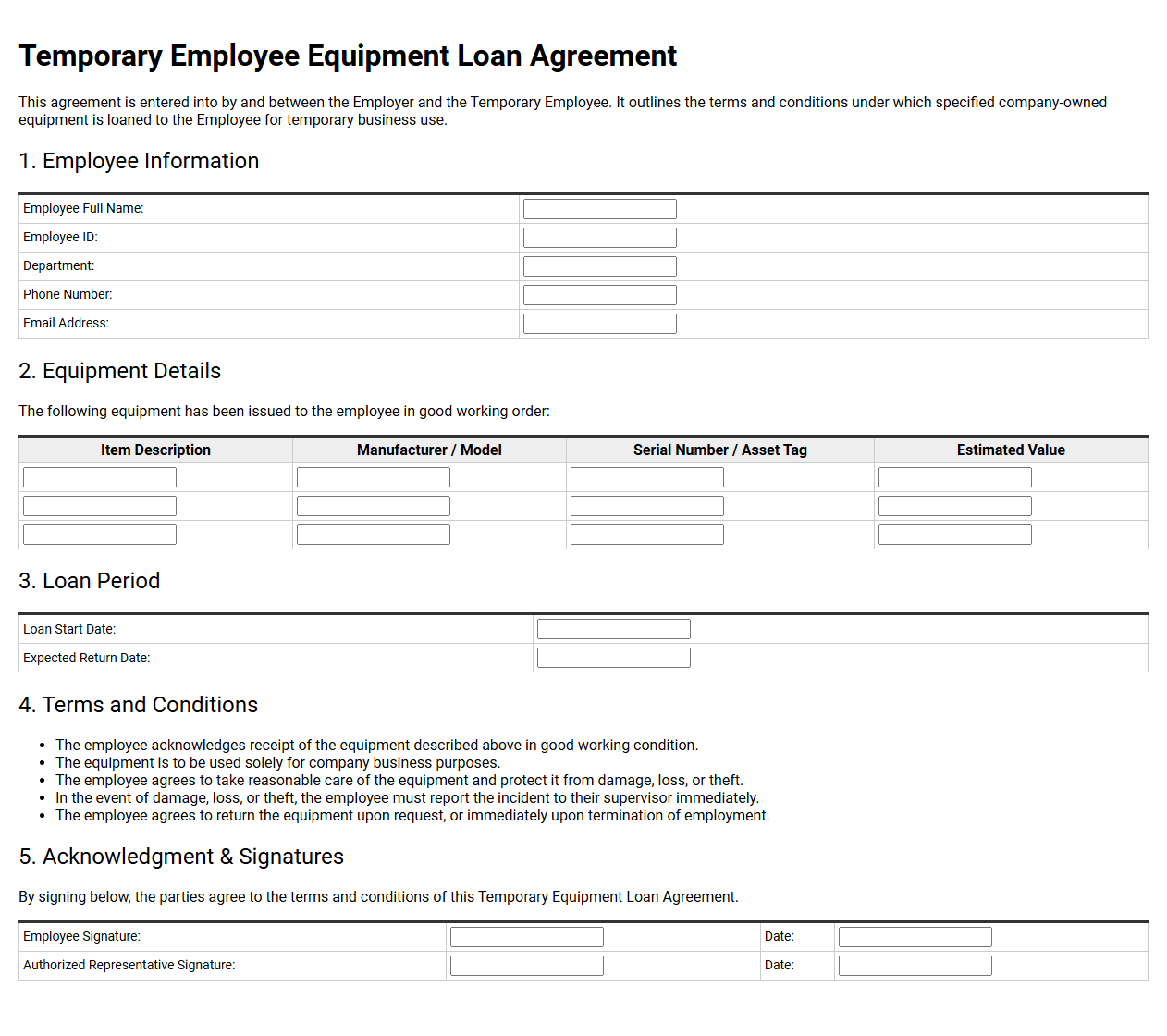 Temporary Employee Equipment Loan Agreement Document