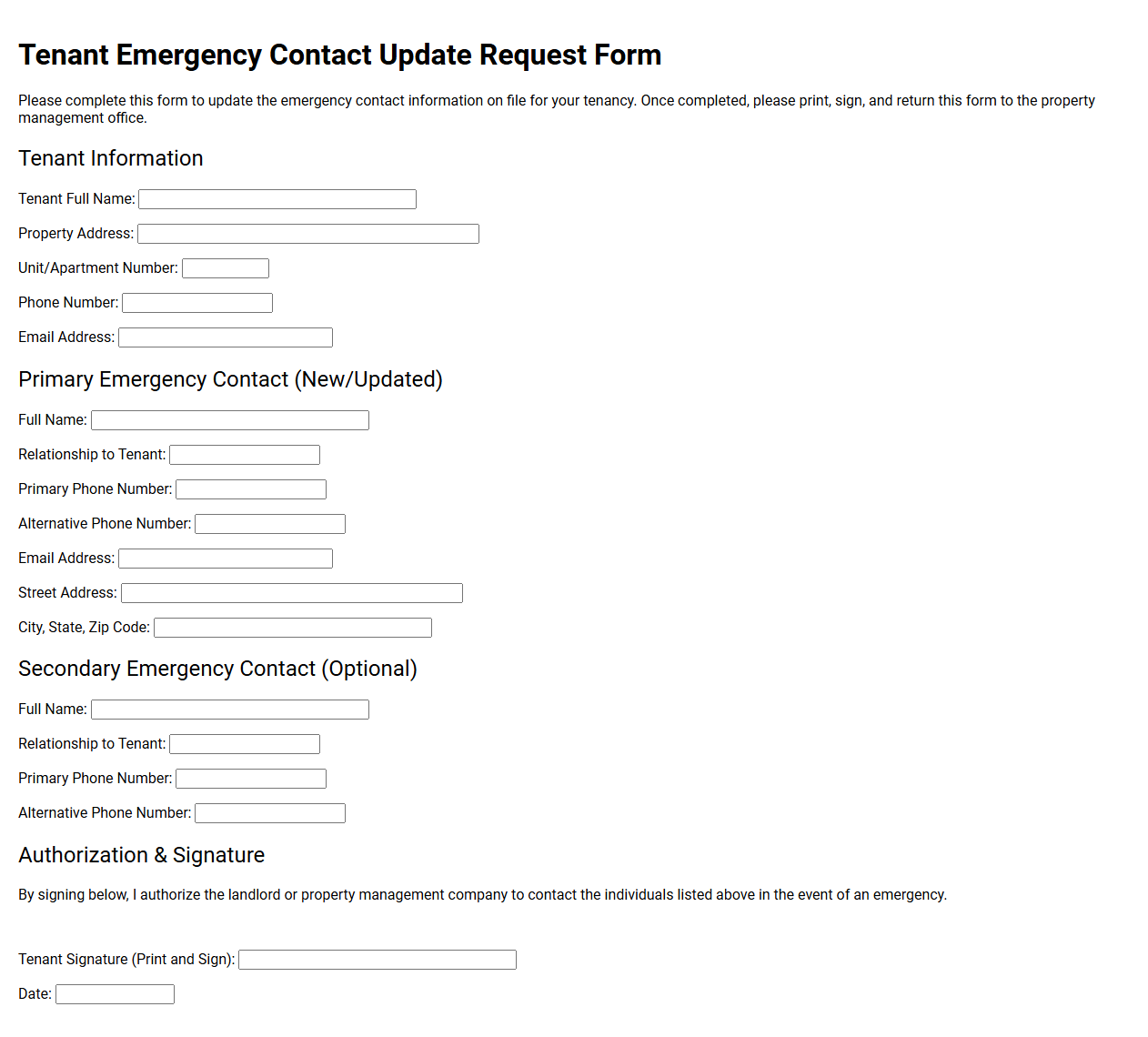 Tenant Emergency Contact Update Request Form
