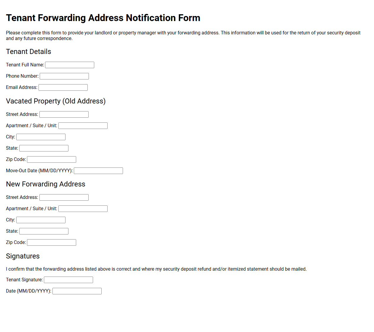 Tenant Forwarding Address Notification Form