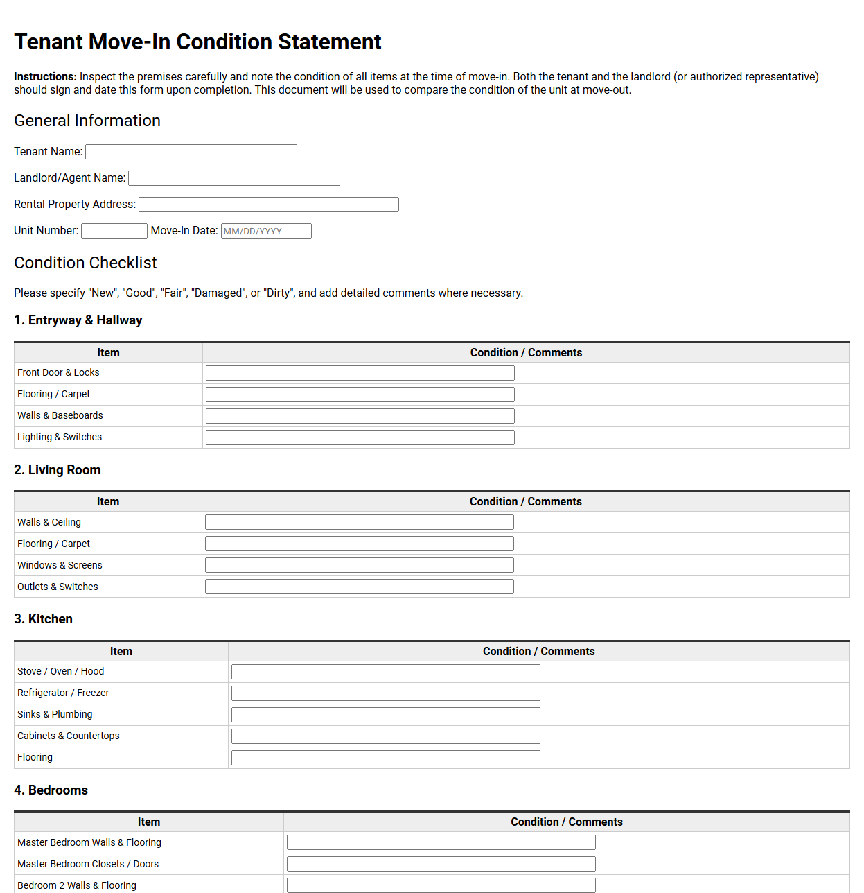 Tenant Move-In Condition Statement Form