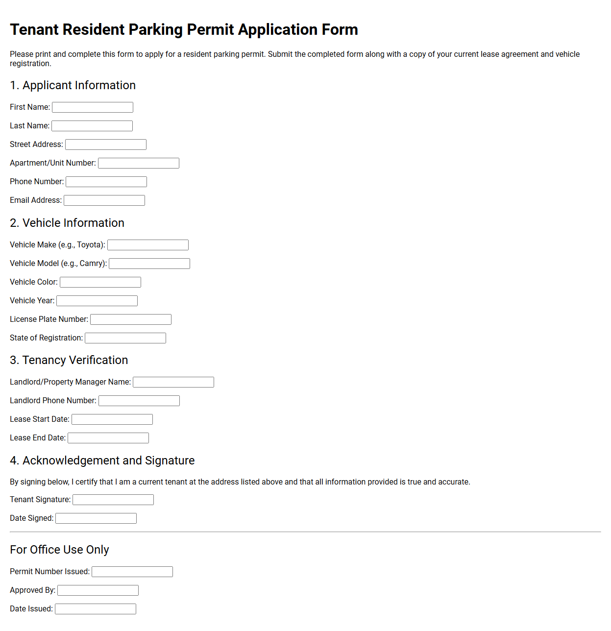Tenant Resident Parking Permit Application Form