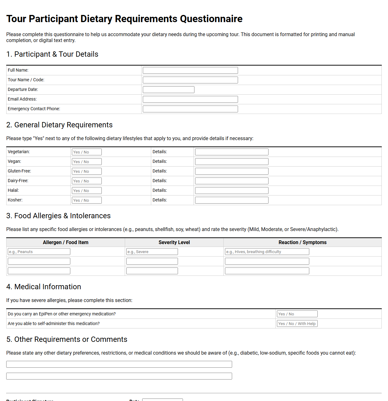 Tour Participant Dietary Requirements Questionnaire