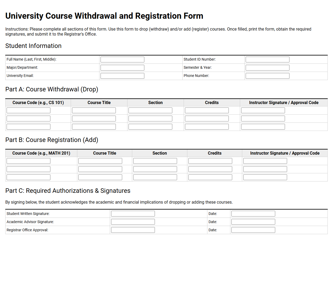 University Course Withdrawal and Registration Form
