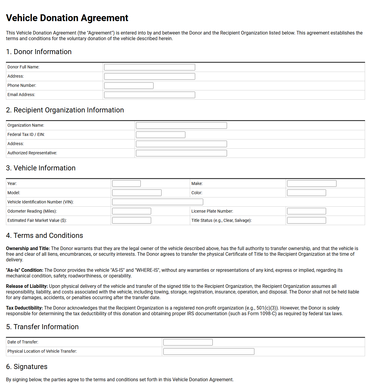 Vehicle Donation Agreement Template