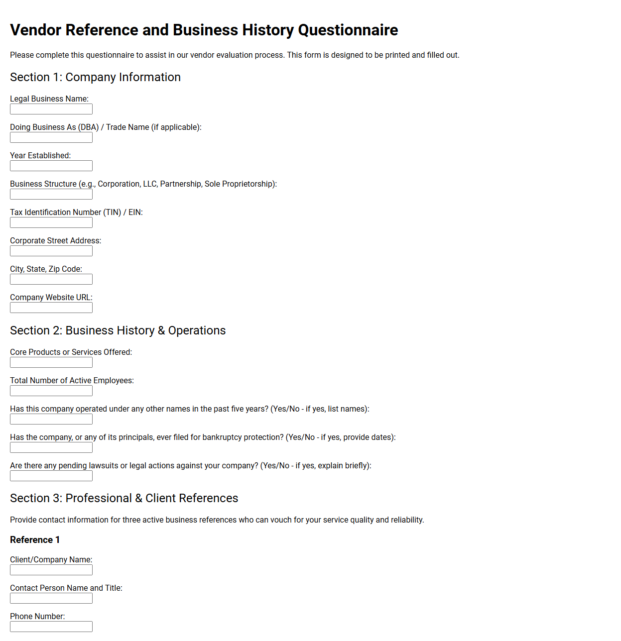 Vendor Reference and Business History Questionnaire
