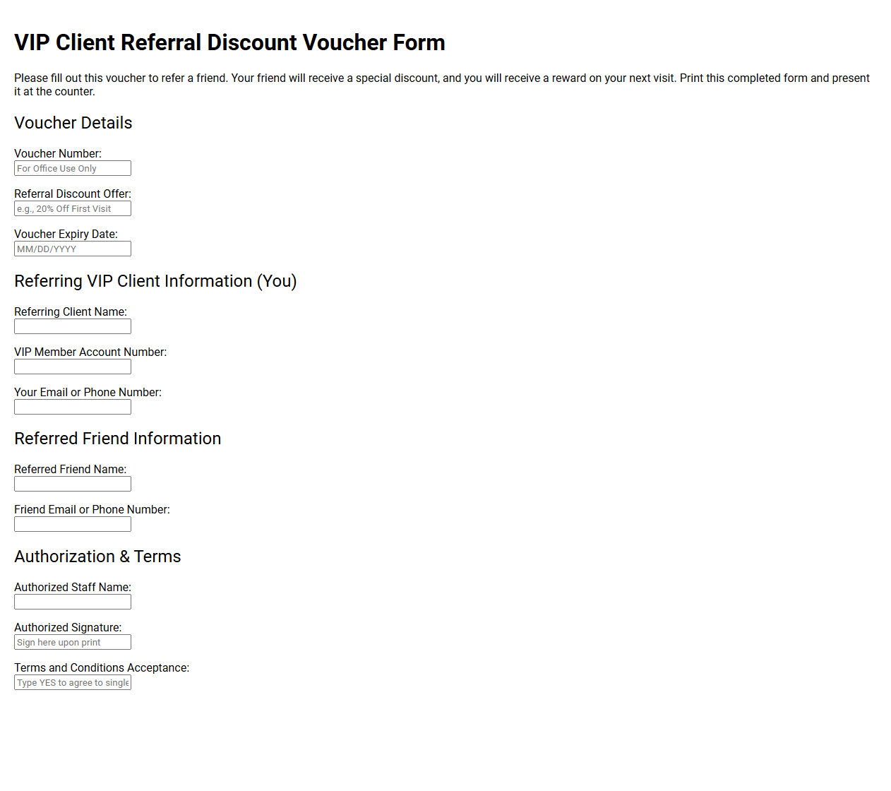 VIP Client Referral Discount Voucher Form