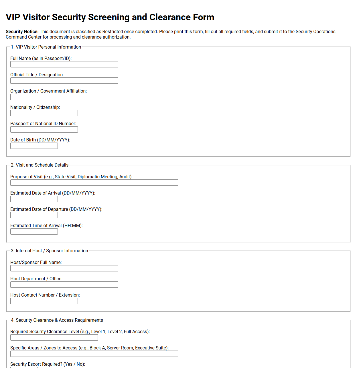 VIP Visitor Security Screening and Clearance Form