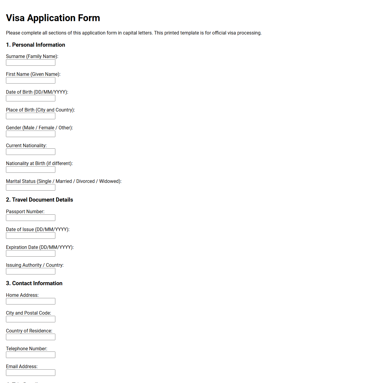 Visa Application Form Template