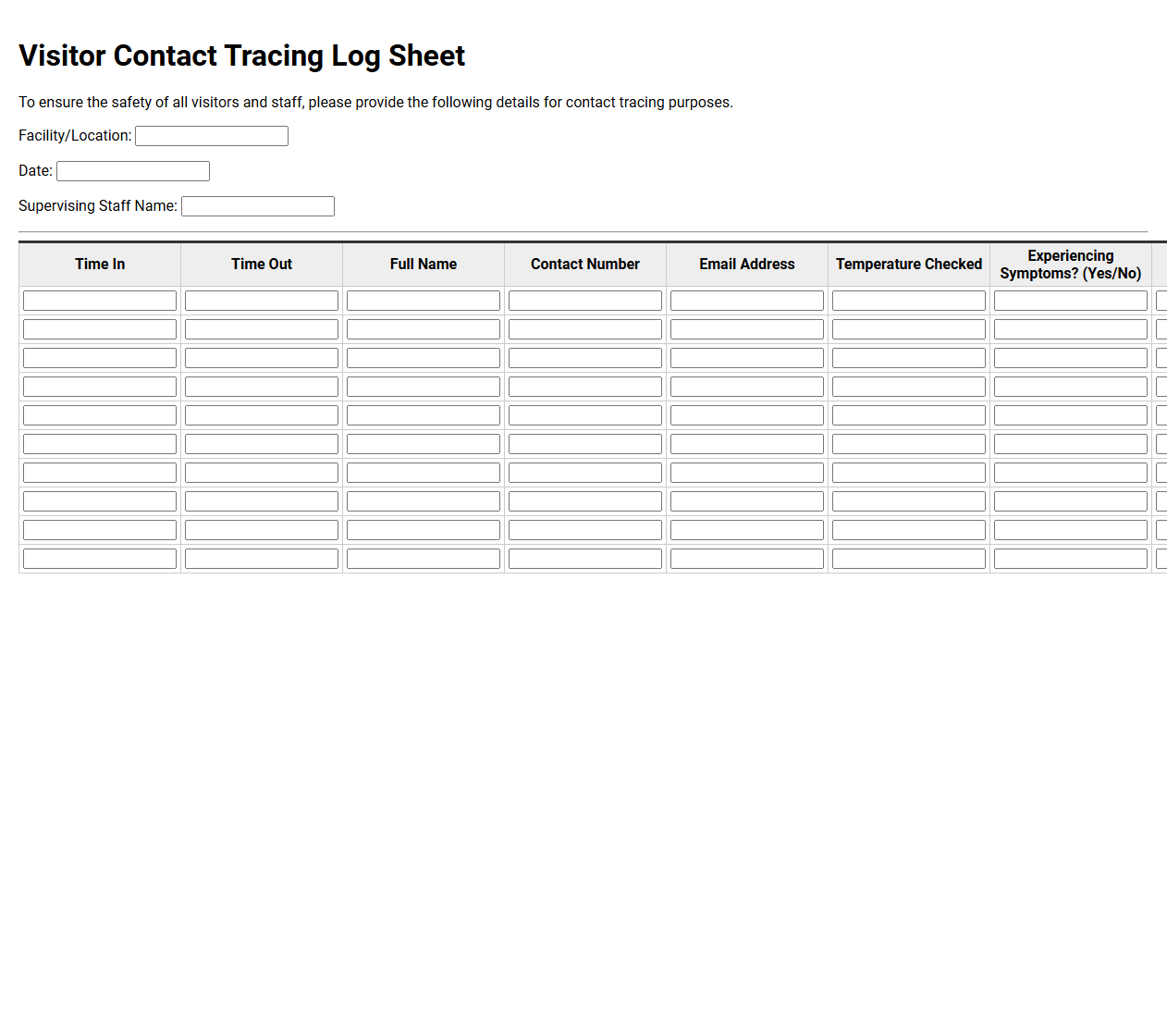 Visitor Contact Tracing Log Sheet
