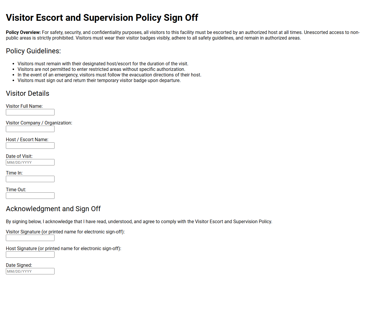 Visitor Escort and Supervision Policy Sign Off