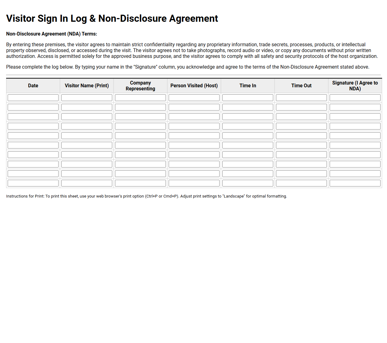 Visitor Sign In Log with Non Disclosure Agreement