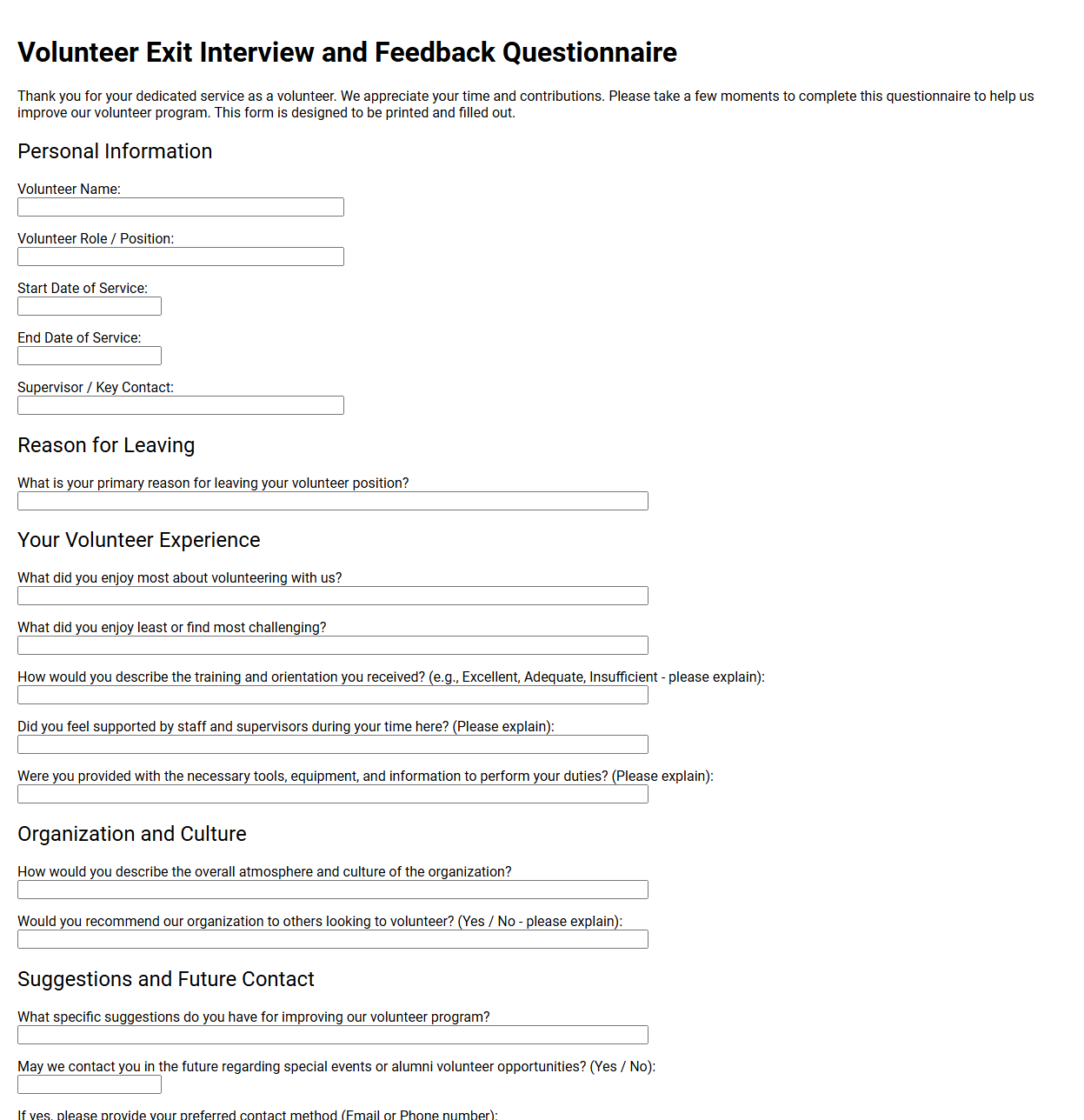 Volunteer Exit Interview and Feedback Questionnaire