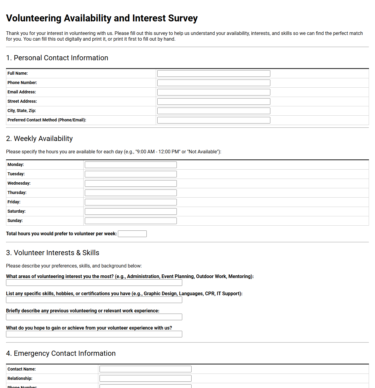Volunteering Availability and Interest Survey Template