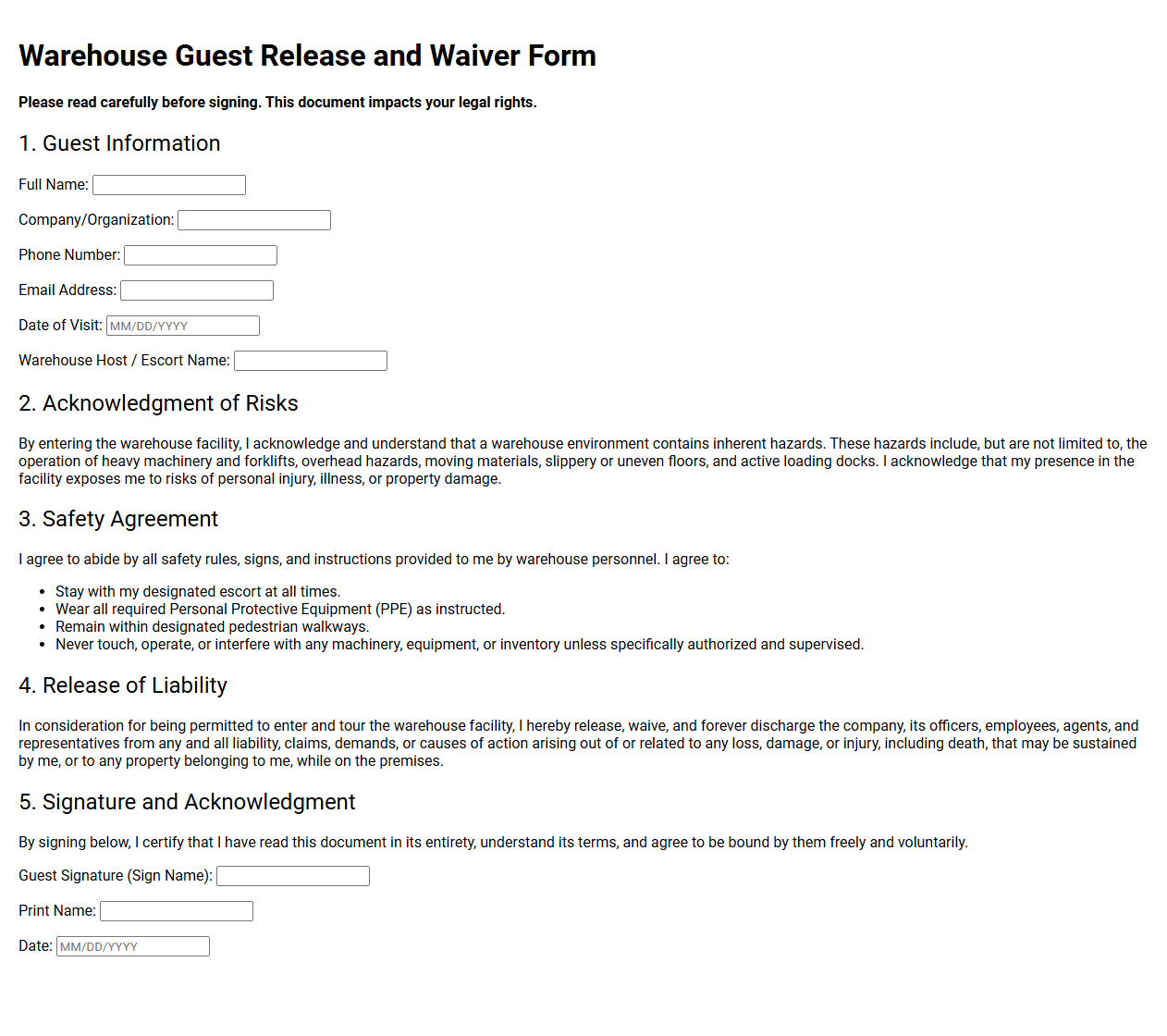 Warehouse Guest Release and Waiver Form