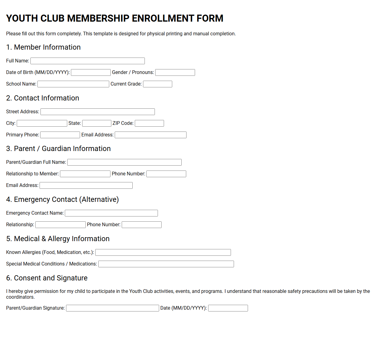Youth Club Membership Enrollment Form Template