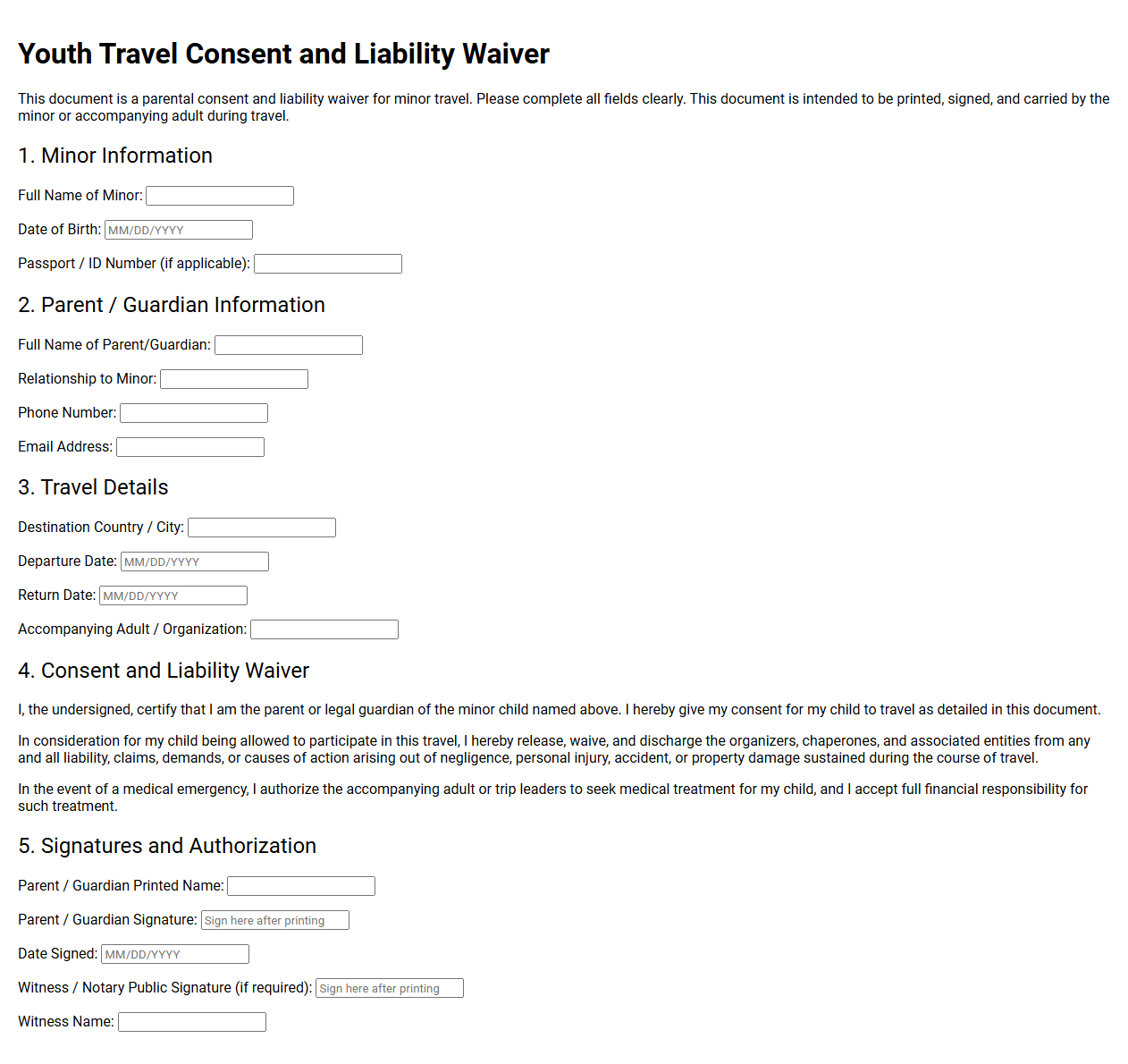 Youth Travel Consent and Liability Waiver