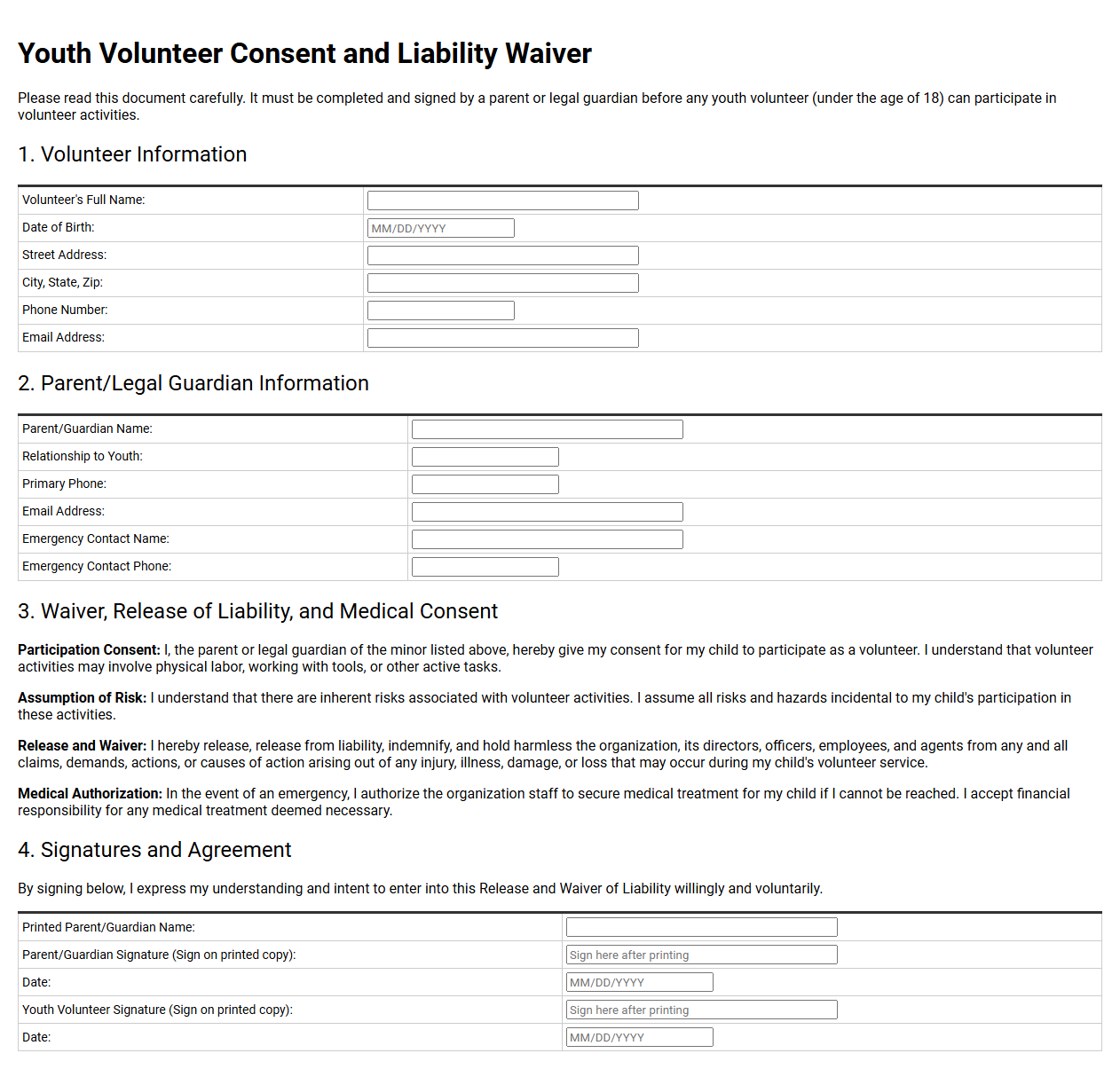 Youth Volunteer Consent and Liability Waiver