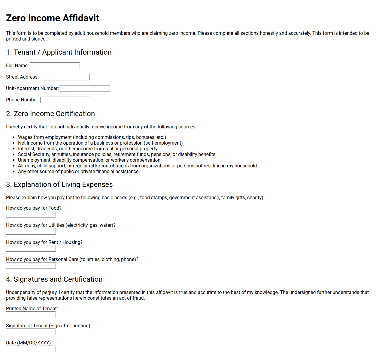 Zero Income Affidavit Form for Tenants