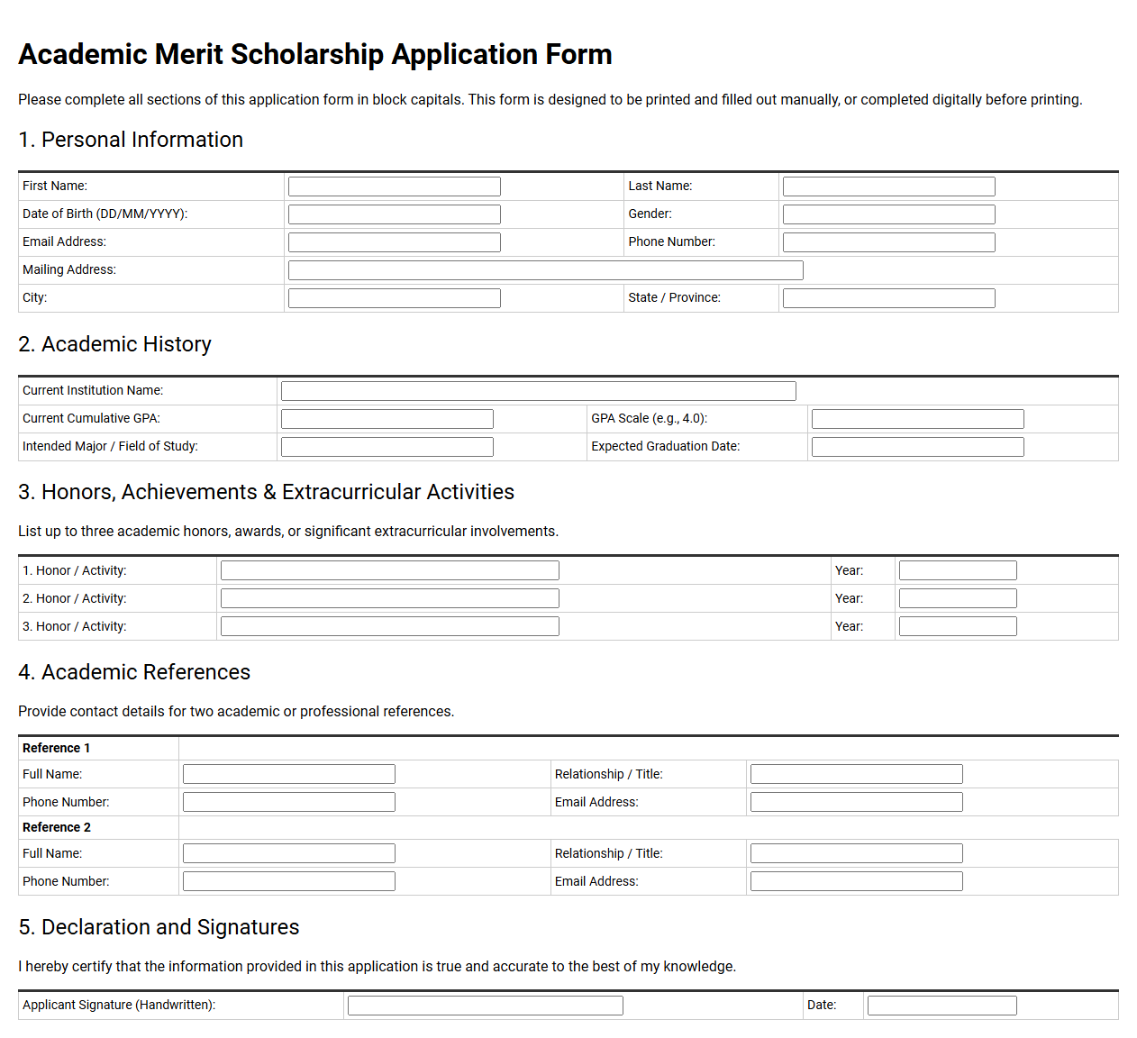 Academic Merit Scholarship Application Form