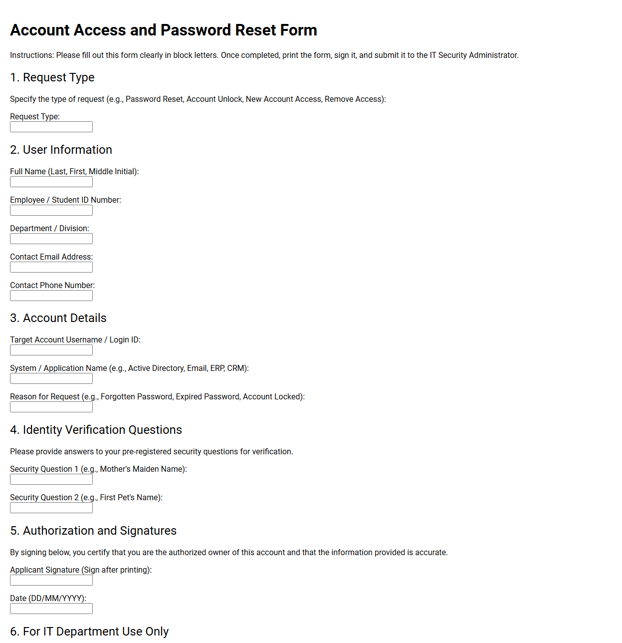 Account Access and Password Reset Form