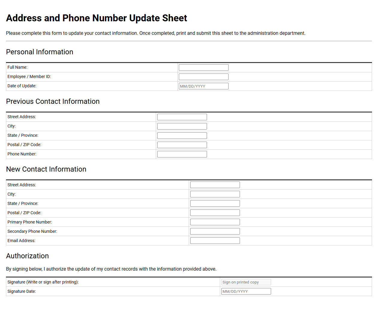 Address and Phone Number Update Sheet