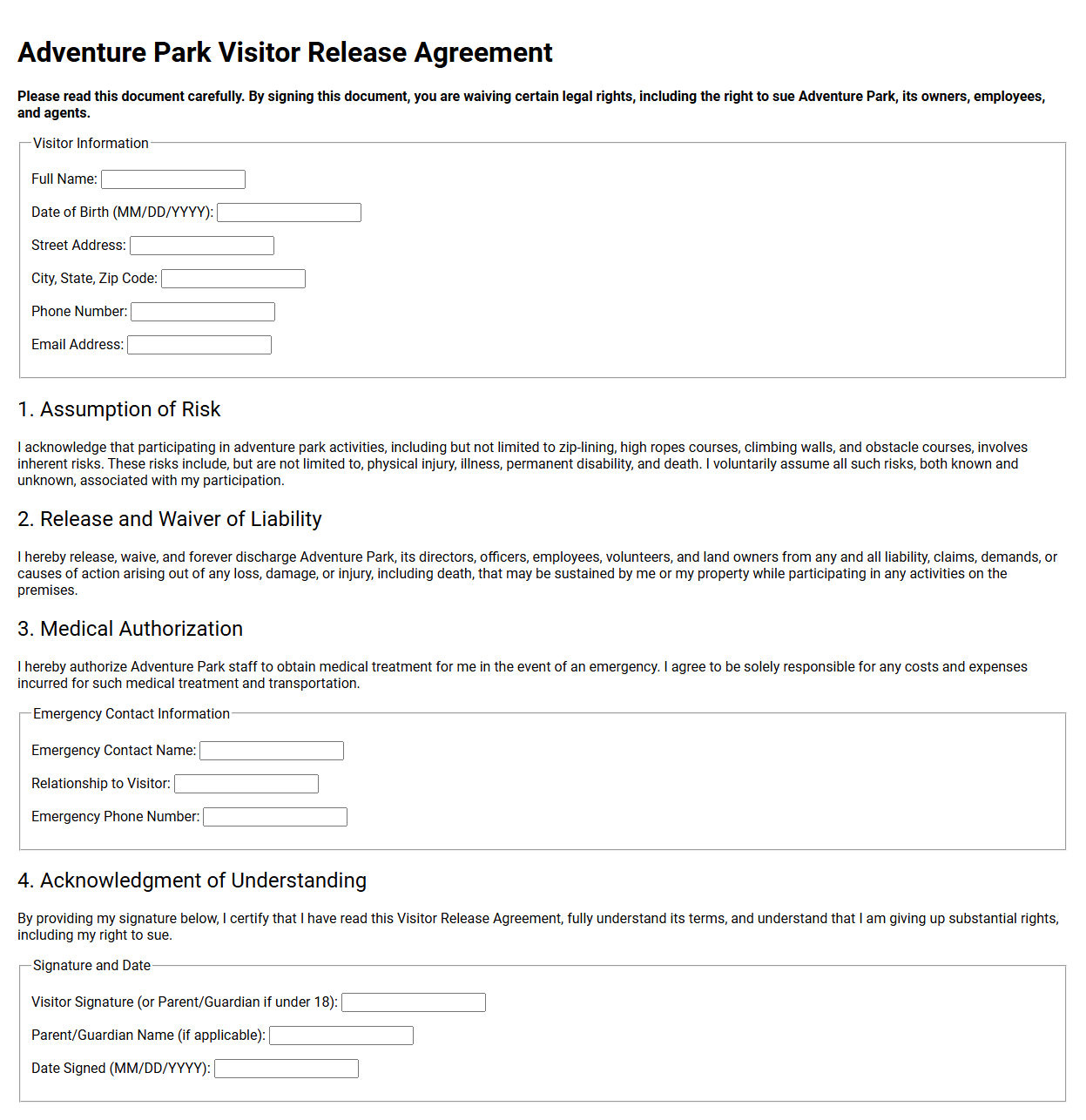Adventure Park Visitor Release Agreement