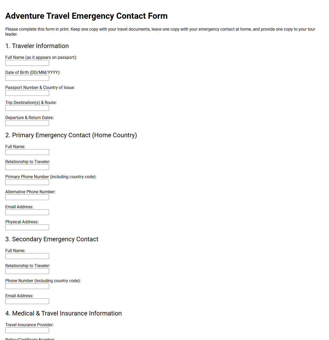 Adventure Travel Emergency Contact Form